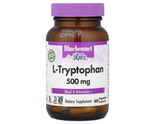 Bluebonnet Nutrition, L-Tryptophan, 500 mg, 60 Vegetable Capsules Bluebonnet Nutrition, L-Tryptophan, 500 mg, 60 Vegetable Capsules
