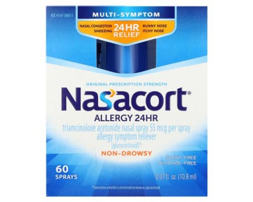 Nasacort, Multi-Symptom Allergy 24 HR, Alcohol Free, Scent-Free, 55 mcg, 60 Sprays , 0.37 fl oz (10.8 ml) Nasacort, Multi-Symptom Allergy 24 HR, Alcohol Free, Scent-Free, 55 mcg, 60 Sprays , 0.37 fl oz (10.8 ml)