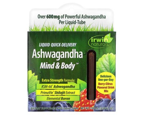Irwin Naturals, Ashwagandha Mind & Body, Berry-Citrus, 10 Liquid-Tubes, 3.38 fl oz (100 ml) Irwin Naturals, Ashwagandha Mind & Body, Berry-Citrus, 10 Liquid-Tubes, 3.38 fl oz (100 ml)