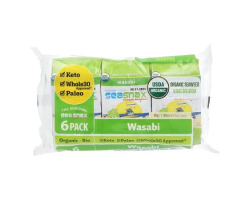 SeaSnax, Organic Seaweed, Wasabi, 6 Pack, 0.18 oz (5 g) Each
