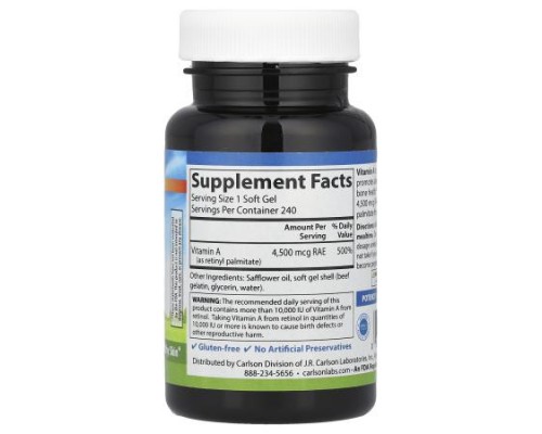 Carlson, Vitamin A, 4,500 mcg RAE (15,000 IU), 240 Soft Gels Carlson, Vitamin A, 4,500 mcg RAE (15,000 IU), 240 Soft Gels
