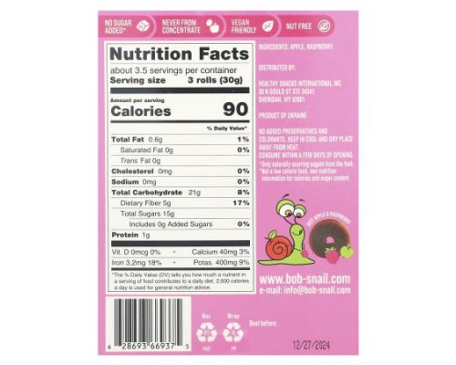 Bob Snail, Fruit Roll, Apple-Raspberry, 10 Pouches, 0.35 oz (10 g) Each Bob Snail, Fruit Roll, Apple-Raspberry, 10 Pouches, 0.35 oz (10 g) Each