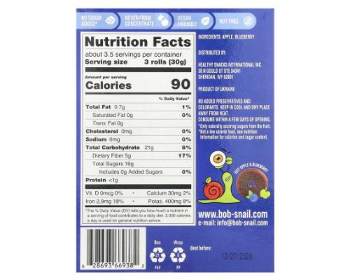 Bob Snail, Fruit Roll, Apple-Blueberry, 10 Pouches, 0.35 oz (10 g) Each Bob Snail, Fruit Roll, Apple-Blueberry, 10 Pouches, 0.35 oz (10 g) Each
