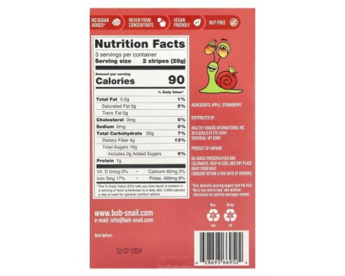 Bob Snail, Fruit Stripe, Apple-Strawberry, 6 Stripes, 0.49 oz (14 g) Each