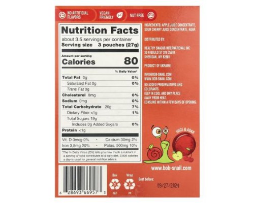 Bob Snail, Fruit Gummy Snack, Apple-Sour Cherry, 10 Pouches, 0.32 oz (9 g) Each Bob Snail, Fruit Gummy Snack, Apple-Sour Cherry, 10 Pouches, 0.32 oz (9 g) Each