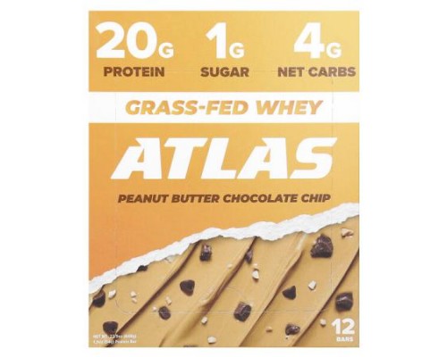 Atlas Bar, Grass-Fed Whey Protein Bar, Peanut Butter Chocolate Chip, 12 Bars, 1.9 oz (54 g) Each Atlas Bar, Grass-Fed Whey Protein Bar, Peanut Butter Chocolate Chip, 12 Bars, 1.9 oz (54 g) Each