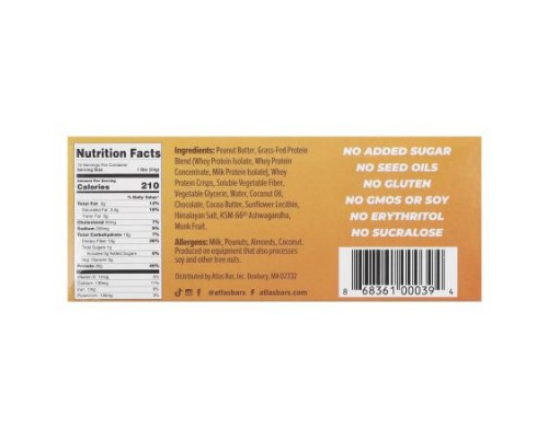 Atlas Bar, Grass-Fed Whey Protein Bar, Peanut Butter Chocolate Chip, 12 Bars, 1.9 oz (54 g) Each Atlas Bar, Grass-Fed Whey Protein Bar, Peanut Butter Chocolate Chip, 12 Bars, 1.9 oz (54 g) Each