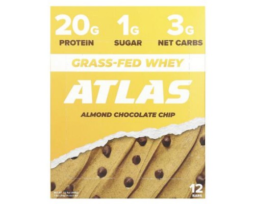 Atlas Bar, Grass-Fed Whey Protein Bar, Almond Chocolate Chip, 12 Bars, 1.9 oz (54 g) Each Atlas Bar, Grass-Fed Whey Protein Bar, Almond Chocolate Chip, 12 Bars, 1.9 oz (54 g) Each
