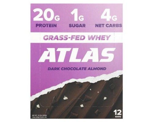 Atlas Bar, Grass-Fed Whey Protein Bar, Dark Chocolate Almond, 12 Bars, 1.9 oz (54 g) Each Atlas Bar, Grass-Fed Whey Protein Bar, Dark Chocolate Almond, 12 Bars, 1.9 oz (54 g) Each