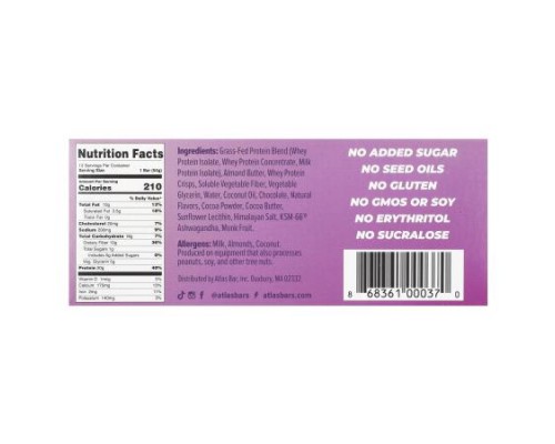 Atlas Bar, Grass-Fed Whey Protein Bar, Dark Chocolate Almond, 12 Bars, 1.9 oz (54 g) Each Atlas Bar, Grass-Fed Whey Protein Bar, Dark Chocolate Almond, 12 Bars, 1.9 oz (54 g) Each