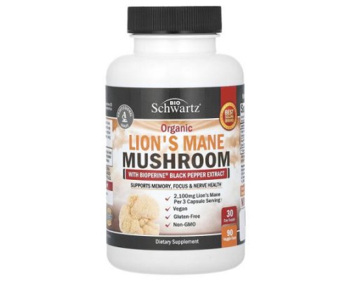 BioSchwartz, Organic Lion's Mane Mushroom with Bioperine Black Pepper Extract, 90 Veggie Caps BioSchwartz, Organic Lion's Mane Mushroom with Bioperine Black Pepper Extract, 90 Veggie Caps
