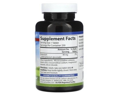 Carlson, Potassium, 99 mg, 250 Tablets