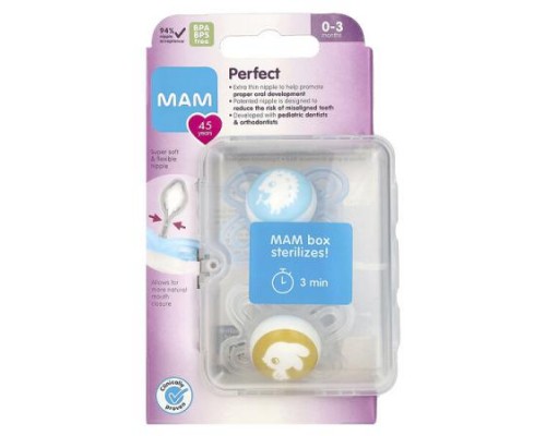MAM, Perfect Pacifier, 0-3 Months, Boy, 2 Count MAM, Perfect Pacifier, 0-3 Months, Boy, 2 Count