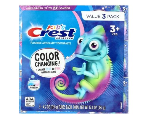 Crest, Kids Advanced, Fluoride Anticavity Toothpaste, 3+ Yrs, Bubblegum, 3 Pack, 4.2 oz (119 g) Each Crest, Kids Advanced, Fluoride Anticavity Toothpaste, 3+ Yrs, Bubblegum, 3 Pack, 4.2 oz (119 g) Each