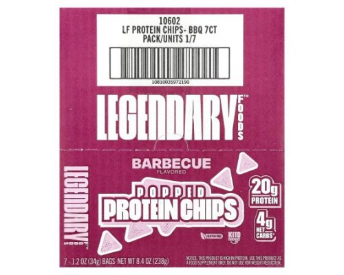 Legendary Foods, Popped Protein Chips, Barbecue, 7 Bags, 1.2 oz (34 g) Each Legendary Foods, Popped Protein Chips, Barbecue, 7 Bags, 1.2 oz (34 g) Each