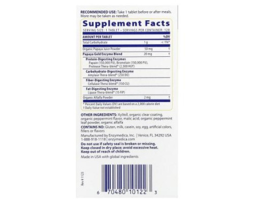 Enzymedica, Papaya Gold, Papaya Mint, 120 Tablets