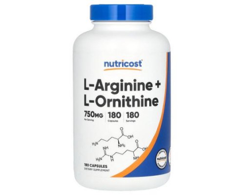 Nutricost, L-Arginine + L-Ornithine, 750 mg, 180 Capsules Nutricost, L-Arginine + L-Ornithine, 750 mg, 180 Capsules