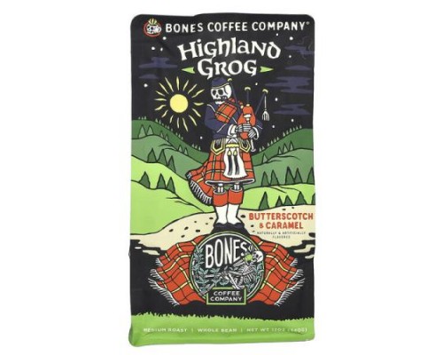 Bones Coffee Company, Highland Grog, Butterscotch & Caramel, Whole Bean, Medium Roast, 12 oz (340 g) Bones Coffee Company, Highland Grog, Butterscotch & Caramel, Whole Bean, Medium Roast, 12 oz (340 g)