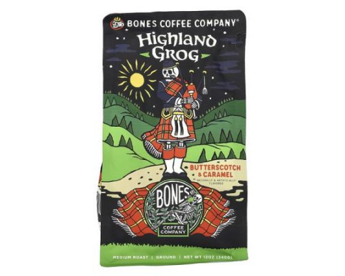 Bones Coffee Company, Highland Grog, Butterscotch & Caramel, Ground, Medium Roast, 12 oz (340 g) Bones Coffee Company, Highland Grog, Butterscotch & Caramel, Ground, Medium Roast, 12 oz (340 g)
