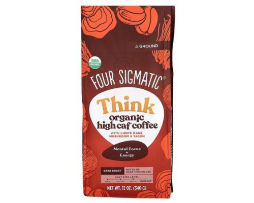 Four Sigmatic, Think, Organic High Caf Coffee with Lion's Mane Mushroom & Yacon, Ground, Dark Roast, 12 oz (340 g)
