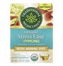 Traditional Medicinals, Organic Stress Ease® Immune, Reishi Warming Spice, Caffeine Free, 16 Wrapped Tea Bags, 0.99 oz (28 g)