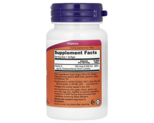 NOW Foods, Vitamin D-3, High Potency, 5,000 IU, 30 Softgels
