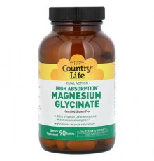 Country Life, High Absorption Dual Action Magnesium Glycinate, 90 Tablets