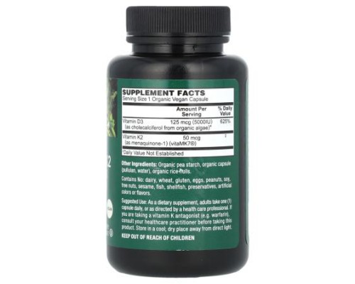 PlantFusion, Organic Vegan Vitamin D3+ K2, 5,000 IU/50 mcg, 60 Organic VegCaps