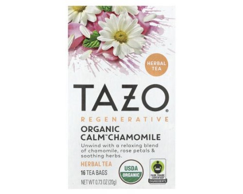 TAZO, Regenerative, Herbal Tea, Organic Calm Chamomile, Caffeine Free, 16 Tea Bags, 0.73 oz (20 g) TAZO, Regenerative, Herbal Tea, Organic Calm Chamomile, Caffeine Free, 16 Tea Bags, 0.73 oz (20 g)