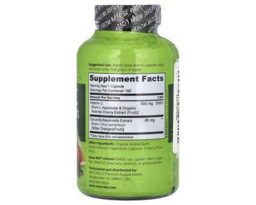 NATURELO, Vitamin C With Acerola Cherries Plus Citrus Bioflavonoids, 180 Vegetarian Capsules