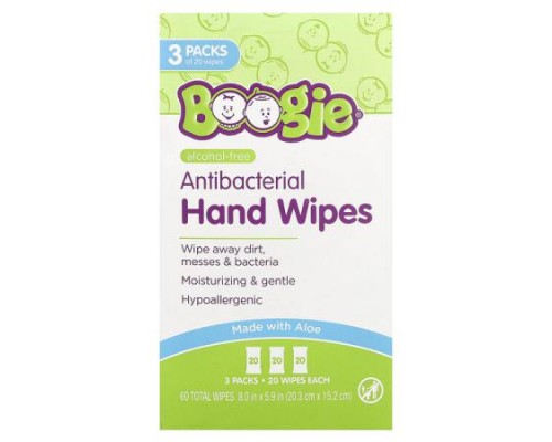 Boogie Wipes, Antibacterial Hand Wipes, Alcohol Free, 3 Packs, 20 Wipes Each Boogie Wipes, Antibacterial Hand Wipes, Alcohol Free, 3 Packs, 20 Wipes Each