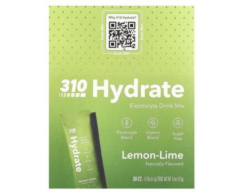310 Nutrition, Hydrate, Electrolyte Drink Mix, Lemon-Lime , 30 Sticks, 0.18 oz (5.1 g) Each 310 Nutrition, Hydrate, Electrolyte Drink Mix, Lemon-Lime , 30 Sticks, 0.18 oz (5.1 g) Each