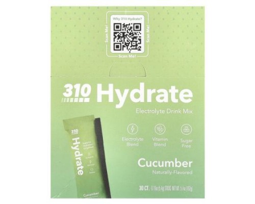 310 Nutrition, Hydrate, Electrolyte Drink Mix, Cucumber, 30 Sticks, 0.19 oz (5.4 g) Each 310 Nutrition, Hydrate, Electrolyte Drink Mix, Cucumber, 30 Sticks, 0.19 oz (5.4 g) Each