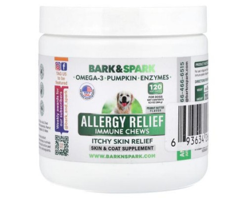 Bark&Spark, Allergy Relief Immune Chews, Itchy Skin Relief, For Dogs, Peanut Butter, 120 Soft Chews, 9.3 oz (264 g) Bark&Spark, Allergy Relief Immune Chews, Itchy Skin Relief, For Dogs, Peanut Butter, 120 Soft Chews, 9.3 oz (264 g)