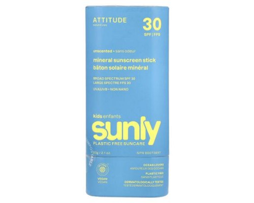 ATTITUDE, Sunly, Mineral Sunscreen Stick, For Kids, SPF 30, Unscented, 2.1 oz (60 g)