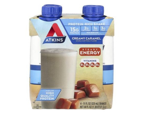 Atkins, Protein-Rich Shake, Creamy Caramel, 4 Shakes, 11 fl oz (325 ml) Each Atkins, Protein-Rich Shake, Creamy Caramel, 4 Shakes, 11 fl oz (325 ml) Each