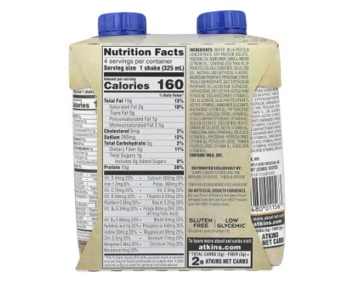 Atkins, Protein-Rich Shake, Creamy Caramel, 4 Shakes, 11 fl oz (325 ml) Each Atkins, Protein-Rich Shake, Creamy Caramel, 4 Shakes, 11 fl oz (325 ml) Each