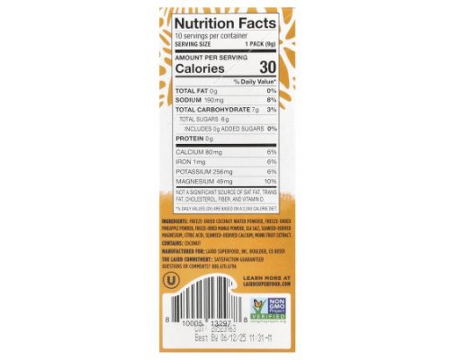 Laird Superfood, Hydrate Coconut Water, Electrolyte Drink Mix, Mango Pineapple, 10 Single Serve Packs, 0.3 oz (9 g) Each