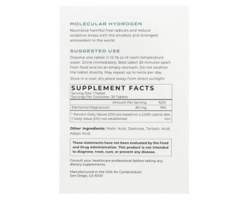 Cymbiotika, Molecular Hydrogen, 30 Effervescent Tablets (80 mg Per Tablet)