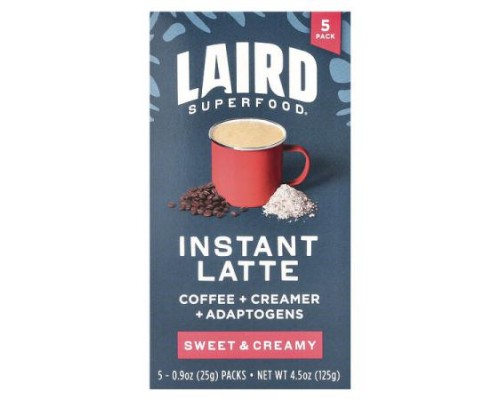 Laird Superfood, Instant Latte, Sweet & Creamy, 5 Packs, 0.9 oz (25 g) Each