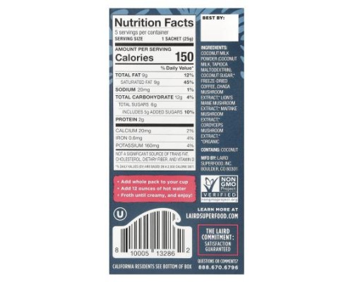Laird Superfood, Instant Latte, Sweet & Creamy, 5 Packs, 0.9 oz (25 g) Each