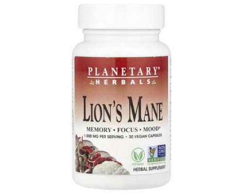Planetary Herbals, Lion's Mane, 30 Vegan Capsules (500 mg per Capsule) Planetary Herbals, Lion's Mane, 30 Vegan Capsules (500 mg per Capsule)