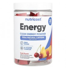 Nutricost, Energy, Clean Energy Powder, Fruit Punch, 20 Stick Packs, 0.18 oz (5 g) Each