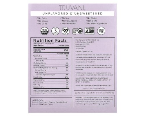 Truvani, Plant Based Protein, Unflavored & Unsweetened, 10 Packs, 0.99 oz (28 g) Each