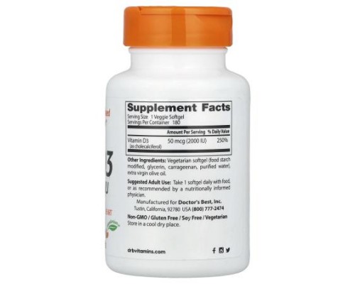 Doctor's Best, Vitamin D3, 50 mcg (2,000 IU), 180 Veggie Softgels Doctor's Best, Vitamin D3, 50 mcg (2,000 IU), 180 Veggie Softgels
