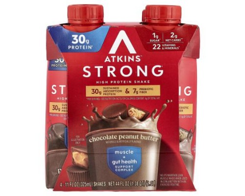 Atkins, Strong, High Protein Shake, Chocolate Peanut Butter, 4 Shakes, 11 fl oz (325 ml) Each