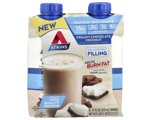 Atkins, Protein-Rich Shake, Creamy Chocolate Coconut, 4 Shakes, 11 fl oz (325 ml) Each Atkins, Protein-Rich Shake, Creamy Chocolate Coconut, 4 Shakes, 11 fl oz (325 ml) Each