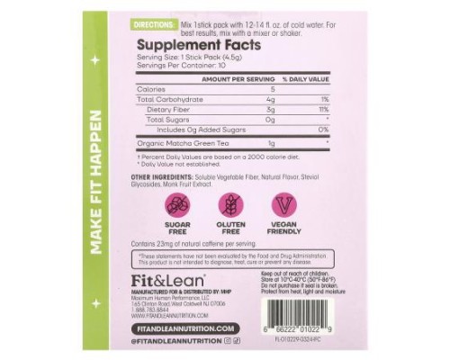 Fit & Lean, Matcha Amore Iced Tea, Raspberry Tea, 10 Stick Packs, 0.16 oz (4.5 g) Each