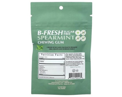 B-Fresh, Chewing Gum, Sugar Free, Spearmint, 25 Pieces (50 g)