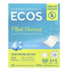 Earth Friendly Products, ECOS®, Plant Powered Laundry Detergent Sheets, Free & Clear, 50 Sheets